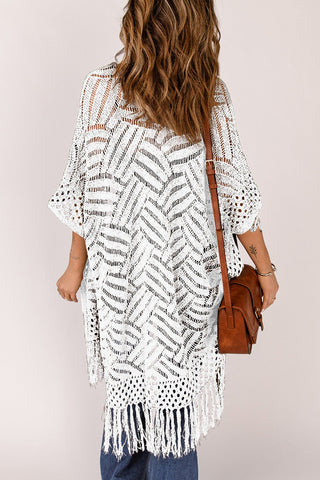 Openwork Open Front Cardigan with Fringes - A Roese Boutique