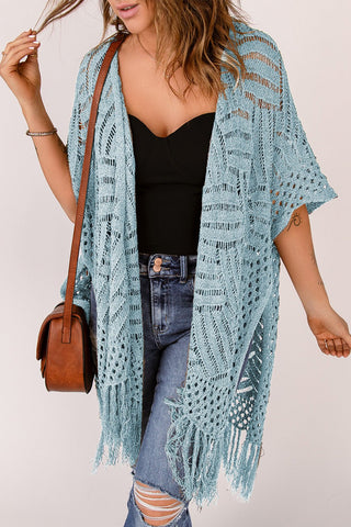 Openwork Open Front Cardigan with Fringes - A Roese Boutique