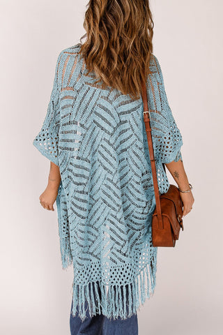 Openwork Open Front Cardigan with Fringes - A Roese Boutique