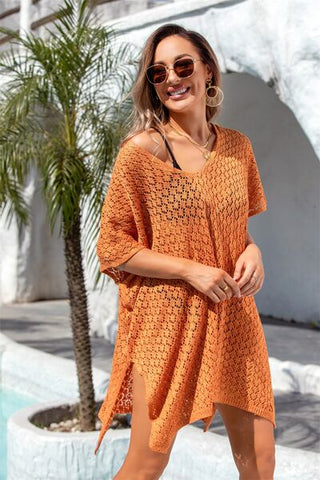 Openwork Slit Scoop Neck Cover Up - A Roese Boutique