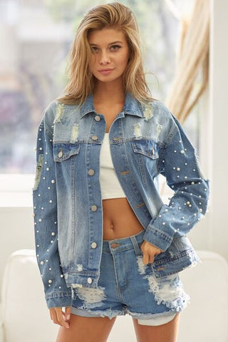 Pearl Detail Distressed Button Up Denim Jacket - A Roese Boutique