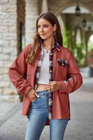Plaid Collared Dropped Shoulder Jacket - A Roese Boutique