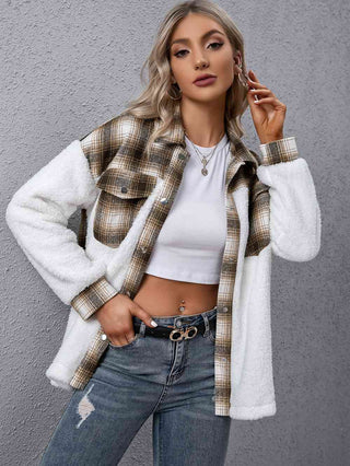 Plaid Collared Neck Button Down Jacket - A Roese Boutique