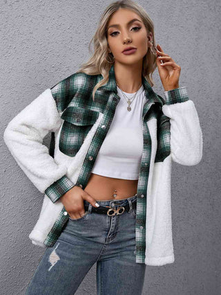 Plaid Collared Neck Button Down Jacket - A Roese Boutique