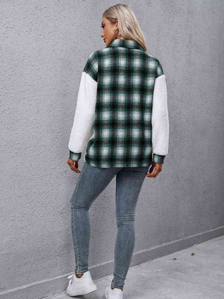 Plaid Collared Neck Button Down Jacket - A Roese Boutique