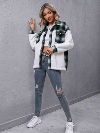 Plaid Collared Neck Button Down Jacket - A Roese Boutique