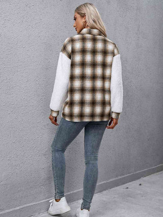 Plaid Collared Neck Button Down Jacket - A Roese Boutique