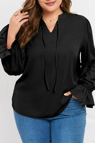 Plus Size Ruffled Tie Neck Flounce Sleeve Blouse - A Roese Boutique