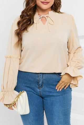 Plus Size Ruffled Tie Neck Flounce Sleeve Blouse - A Roese Boutique