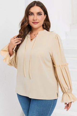 Plus Size Ruffled Tie Neck Flounce Sleeve Blouse - A Roese Boutique