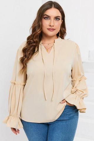 Plus Size Ruffled Tie Neck Flounce Sleeve Blouse - A Roese Boutique