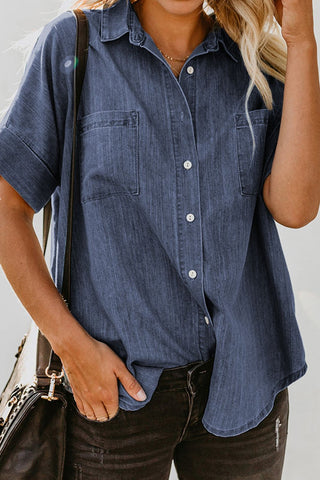 Pocketed Button Up Short Sleeve Denim Shirt - A Roese Boutique