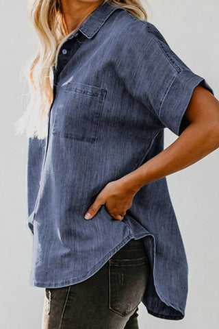 Pocketed Button Up Short Sleeve Denim Shirt - A Roese Boutique