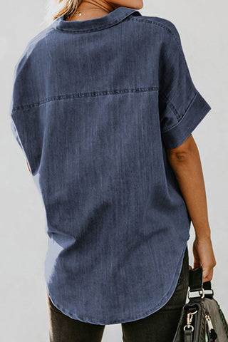 Pocketed Button Up Short Sleeve Denim Shirt - A Roese Boutique