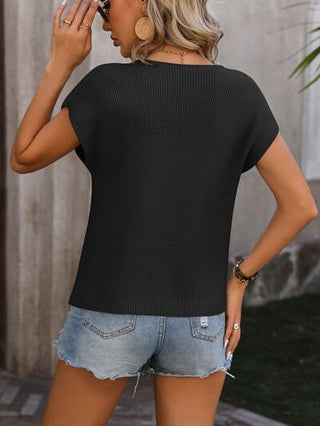 Pocketed Round Neck Cap Sleeve Sweater - A Roese Boutique