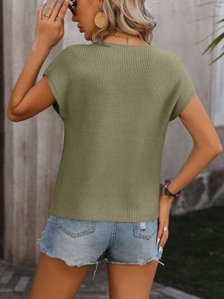 Pocketed Round Neck Cap Sleeve Sweater - A Roese Boutique