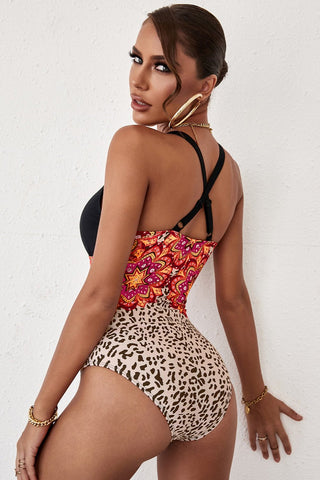 Printed Crisscross Deep V One-Piece Swimsuit - A Roese Boutique