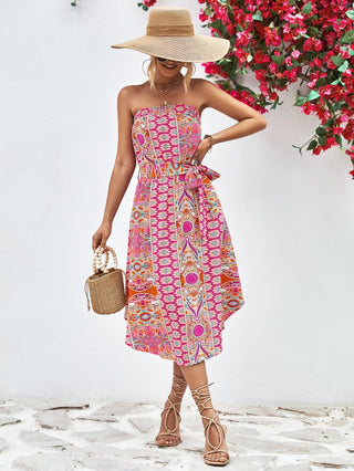 Printed Strapless Tie Belt Dress - A Roese Boutique