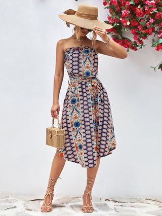 Printed Strapless Tie Belt Dress - A Roese Boutique