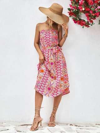 Printed Strapless Tie Belt Dress - A Roese Boutique