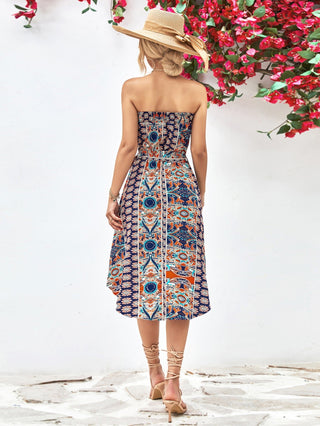 Printed Strapless Tie Belt Dress - A Roese Boutique