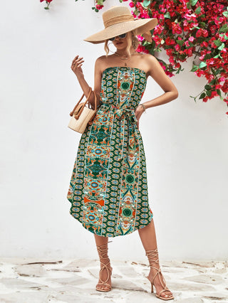 Printed Strapless Tie Belt Dress - A Roese Boutique