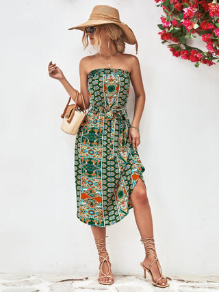 Printed Strapless Tie Belt Dress - A Roese Boutique