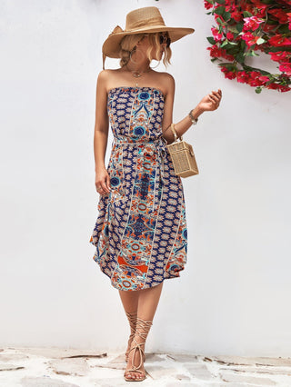 Printed Strapless Tie Belt Dress - A Roese Boutique