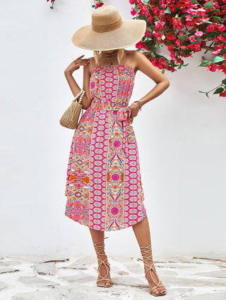 Printed Strapless Tie Belt Dress - A Roese Boutique