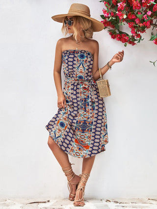 Printed Strapless Tie Belt Dress - A Roese Boutique