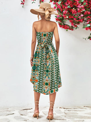 Printed Strapless Tie Belt Dress - A Roese Boutique