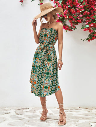 Printed Strapless Tie Belt Dress - A Roese Boutique