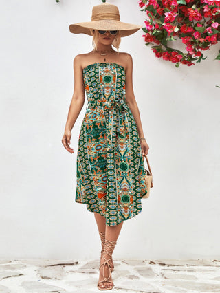 Printed Strapless Tie Belt Dress - A Roese Boutique