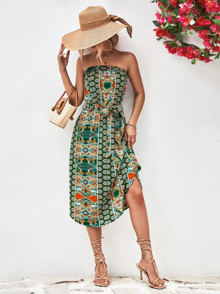 Printed Strapless Tie Belt Dress - A Roese Boutique