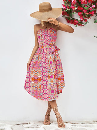 Printed Strapless Tie Belt Dress - A Roese Boutique