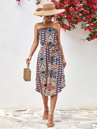 Printed Strapless Tie Belt Dress - A Roese Boutique