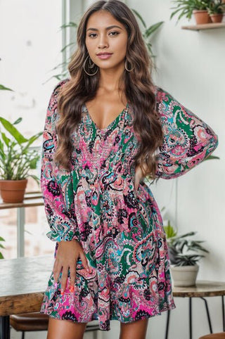 Printed V-Neck Long Sleeve Mini Dress - A Roese Boutique