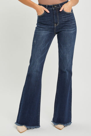 RISEN High Waist Raw Hem Flare Jeans - A Roese Boutique