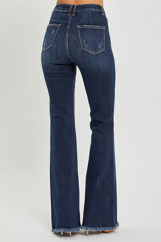 RISEN High Waist Raw Hem Flare Jeans - A Roese Boutique