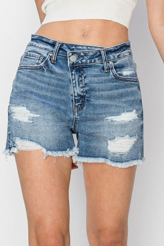 RISEN Stepped Waist Frayed Denim Shorts - A Roese Boutique