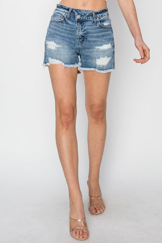 RISEN Stepped Waist Frayed Denim Shorts - A Roese Boutique