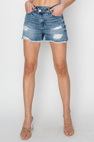 RISEN Stepped Waist Frayed Denim Shorts - A Roese Boutique