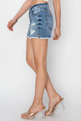 RISEN Stepped Waist Frayed Denim Shorts - A Roese Boutique