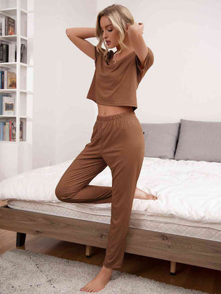 Round Neck Short Sleeve Top and Pants Lounge Set - A Roese Boutique