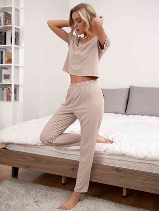 Round Neck Short Sleeve Top and Pants Lounge Set - A Roese Boutique