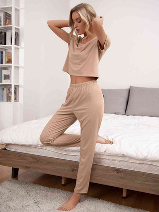 Round Neck Short Sleeve Top and Pants Lounge Set - A Roese Boutique