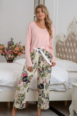 Round Neck Top and Printed Pants Lounge Set - A Roese Boutique