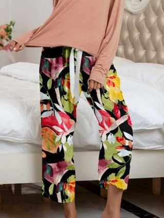 Round Neck Top and Printed Pants Lounge Set - A Roese Boutique