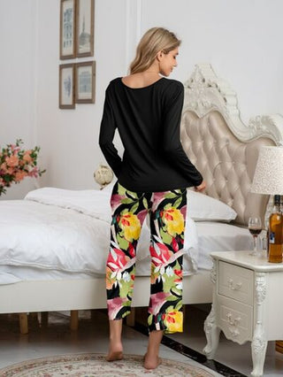 Round Neck Top and Printed Pants Lounge Set - A Roese Boutique