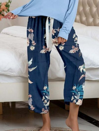 Round Neck Top and Printed Pants Lounge Set - A Roese Boutique